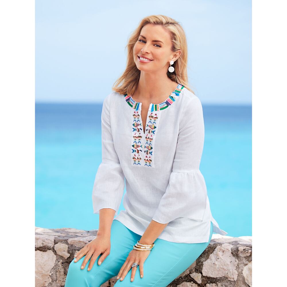 Talbots Linen Beaded Fish Embellished‎ Tunic Pullover Top Women Size MP White